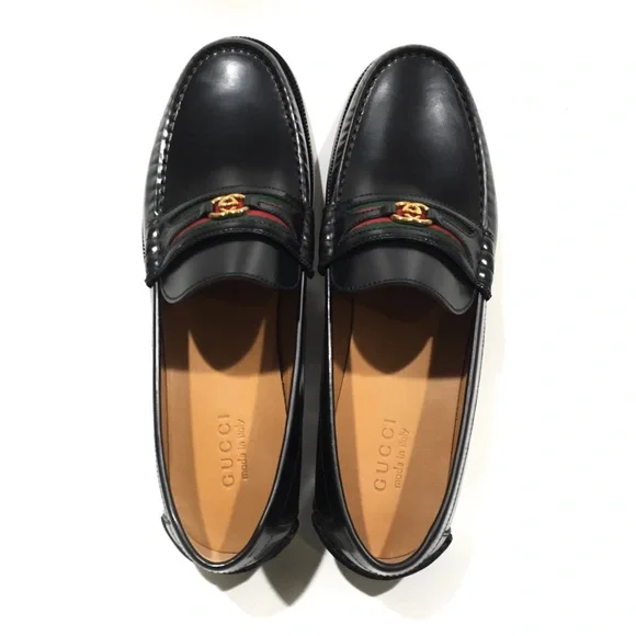 GUCCI INTERLOCKING G WEB LOAFER MOCCASIN -BLACK LEATHER -US 12.5 -NEW - Picture 9 of 10
